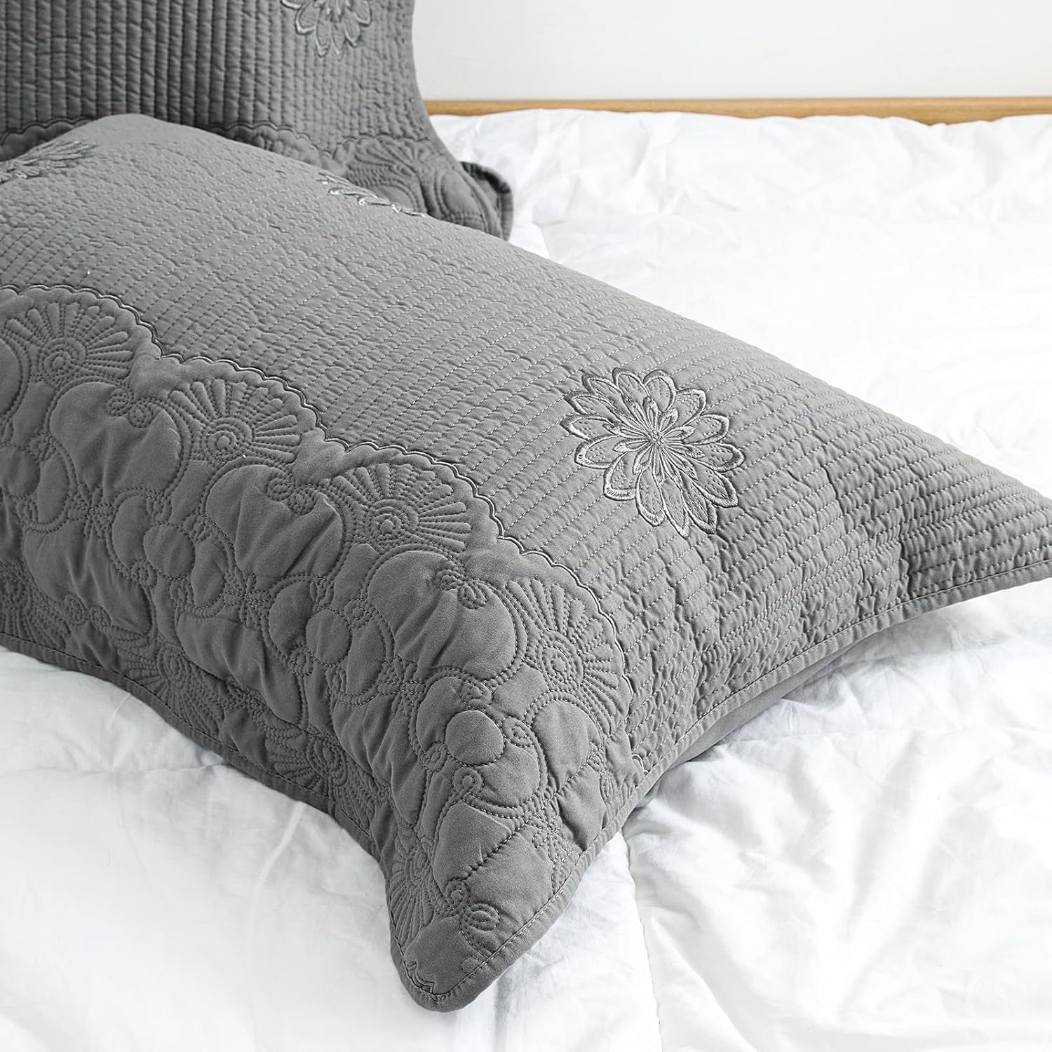 Pillow Shams King Size Set of 2, Ultra Soft Breathable Quilted Embroidery Pillow Cases 20 X 36 Inches for Sleeping, Decorative Microfiber Bed Pillowcases Easy Care, Gray