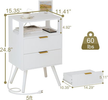 White Nightstand with Charging Station and LED Lights,Modern Bedside Table with 2 Storage Drawer and Open Wood Shelf, for Bedroom and Small Spaces,Night Stand with Solid Wood Legs,White