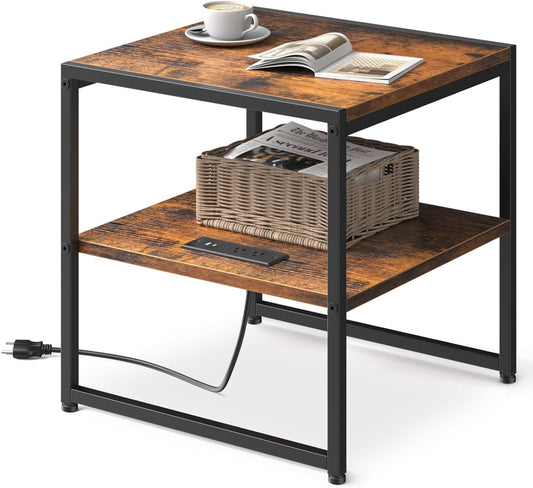 20" End Table with Charging Station, Industrial Square Side Table with USB Ports & Outlets, Versatile 2-Tier Small Nightstand for Bedroom Living Room, Rustic Brown