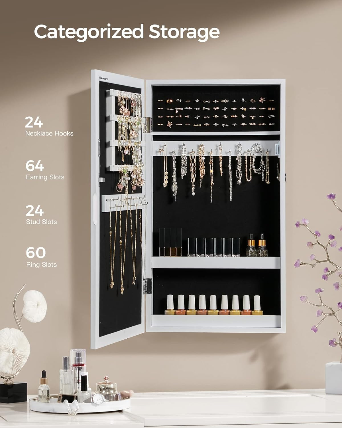 Lockable Jewelry Cabinet Armoire with Mirror, Wall-Mounted Space Saving Jewelry Storage Organizer, White UJJC51WT