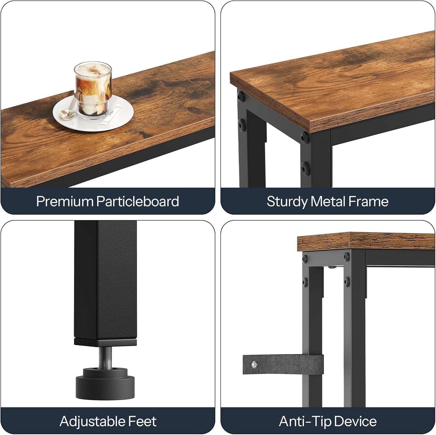 39.4 Inch Narrow Console Table with Power Outlets, 5.9 Inch Skinny Sofa Table behind Couch, Small Entryway Table, Metal Frame, for Living Room, Hallway, Rustic Brown and Black BF52UXG01