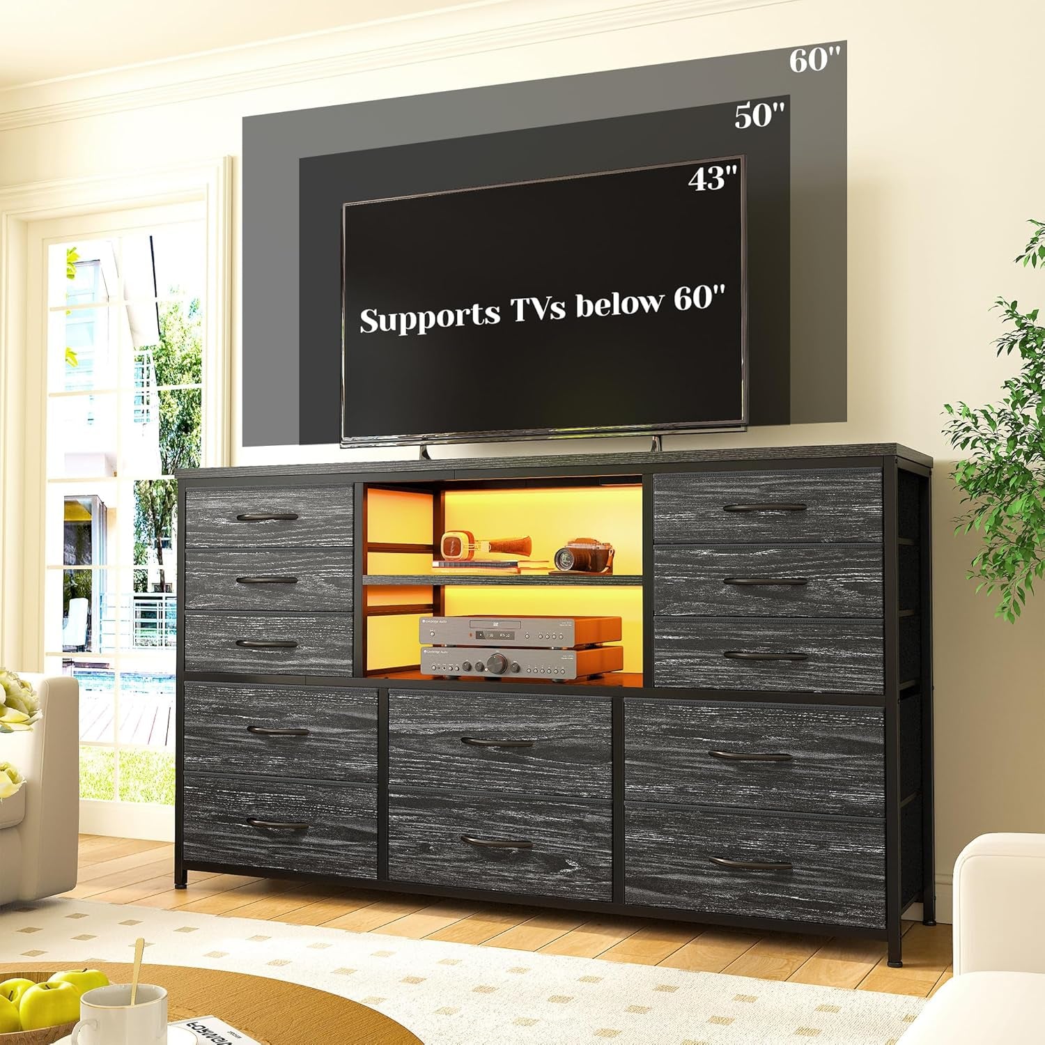 Black Dresser with LED Lights & Charging Station, TV Stand for 60'' TV, Wide Dressers & Chest of Drawers with Open Shelves, Living Room, Hallway, Study