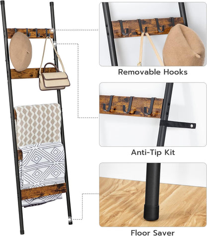 Blanket Ladder, 5-Tier Towel Rack with Hooks, Wall-Leaning Blanket Rack, Decorative Display Ladder Shelf, for Scarves, Industrial, Living Room, Bedroom, Rustic Brown and Black BF52CJ01