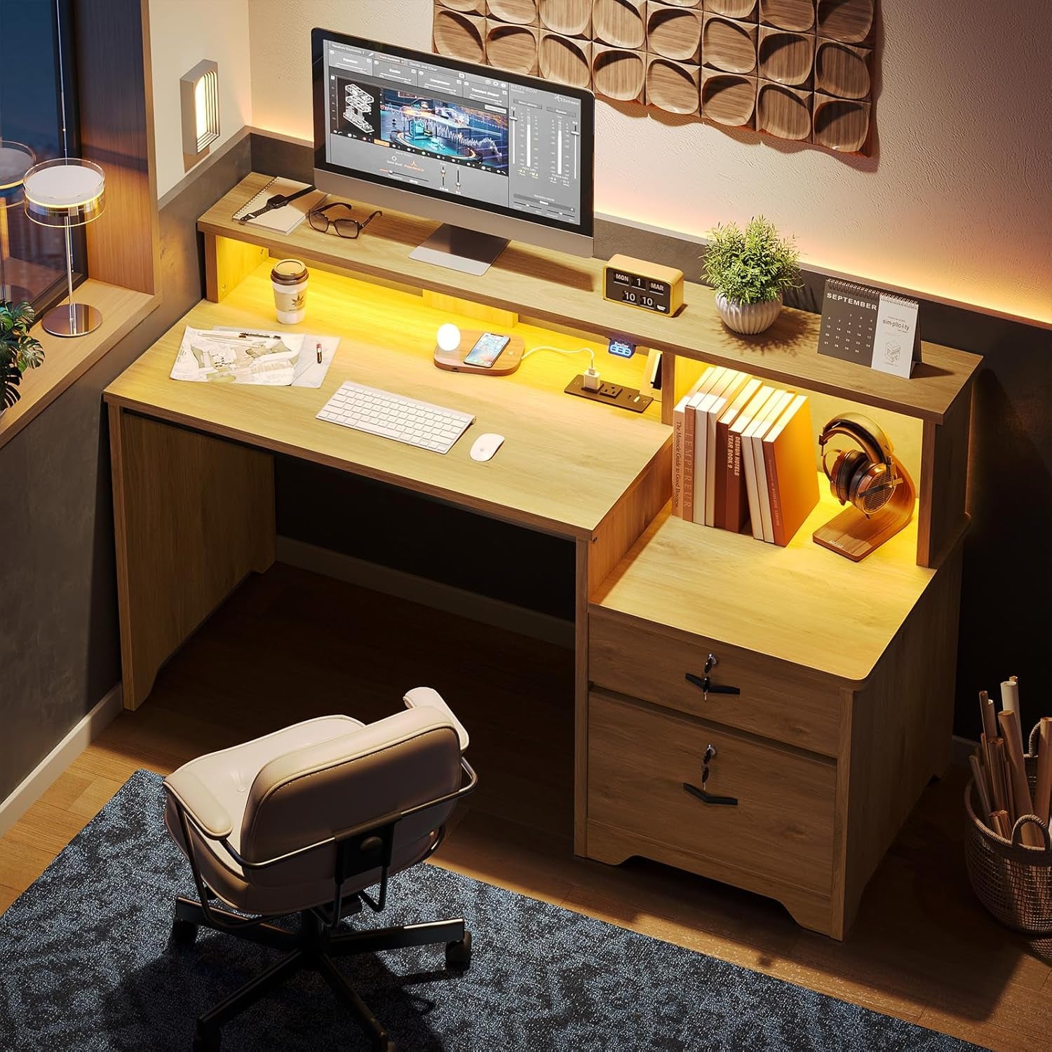 55" Computer Desk with Power Outlets & LED Lights, Home Office Desk with Lockable File Drawer & Printer Shelf, Monitor Stand, Modern Workstation for Gaming Study, Natural Oak