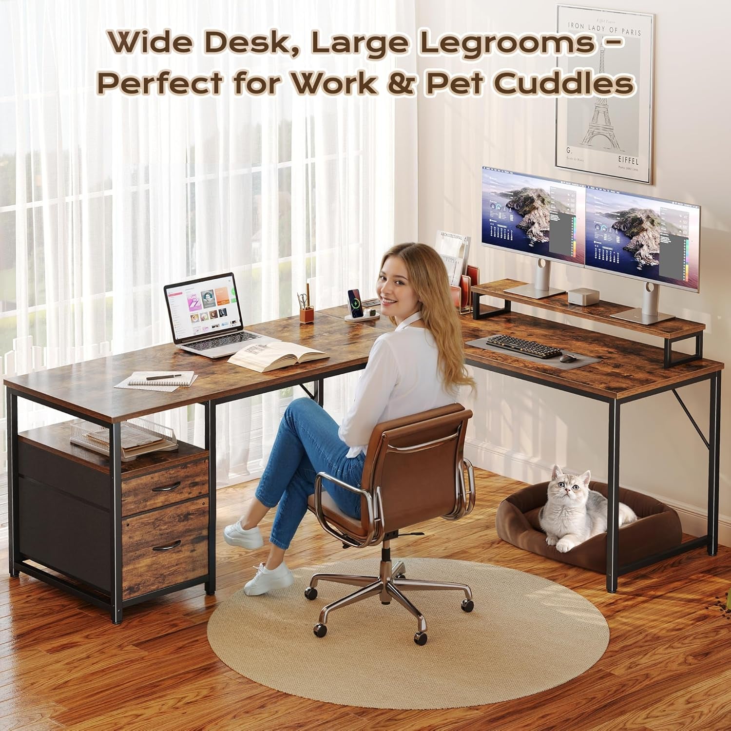 63 Inch L Shaped Desk with Power Outlets and USB-C Port, Computer Corner Home Office Desk with File Fabric Drawers and Movable Monitor Stand, Larger Storage, Gaming, Writing, Rustic Brown