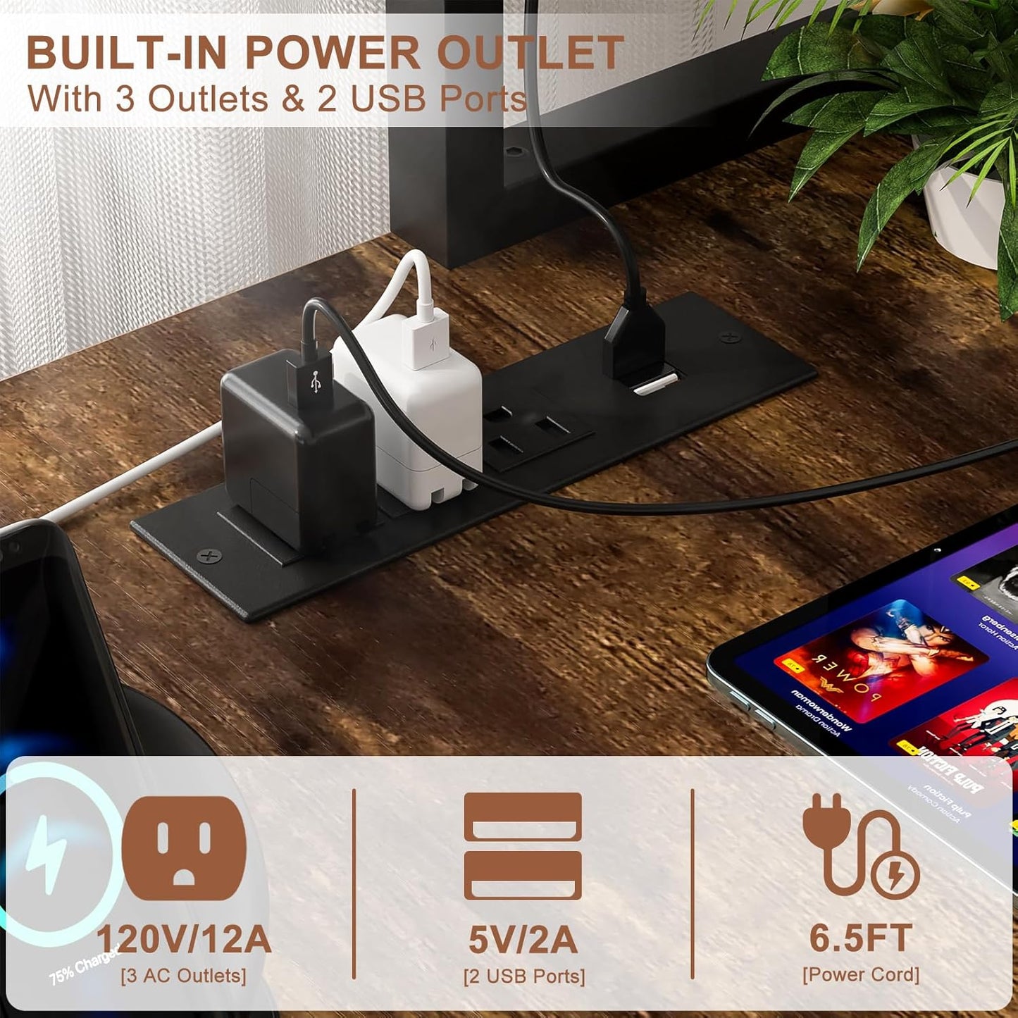 L Shaped Gaming Desk with Power Outlets & LED Lights, Small L-Shaped Desk Computer Corner Desk with Monitor Stand & Storage Shelf, Home Office Desk Writing Desk with Storage Bag, Rustic Brown