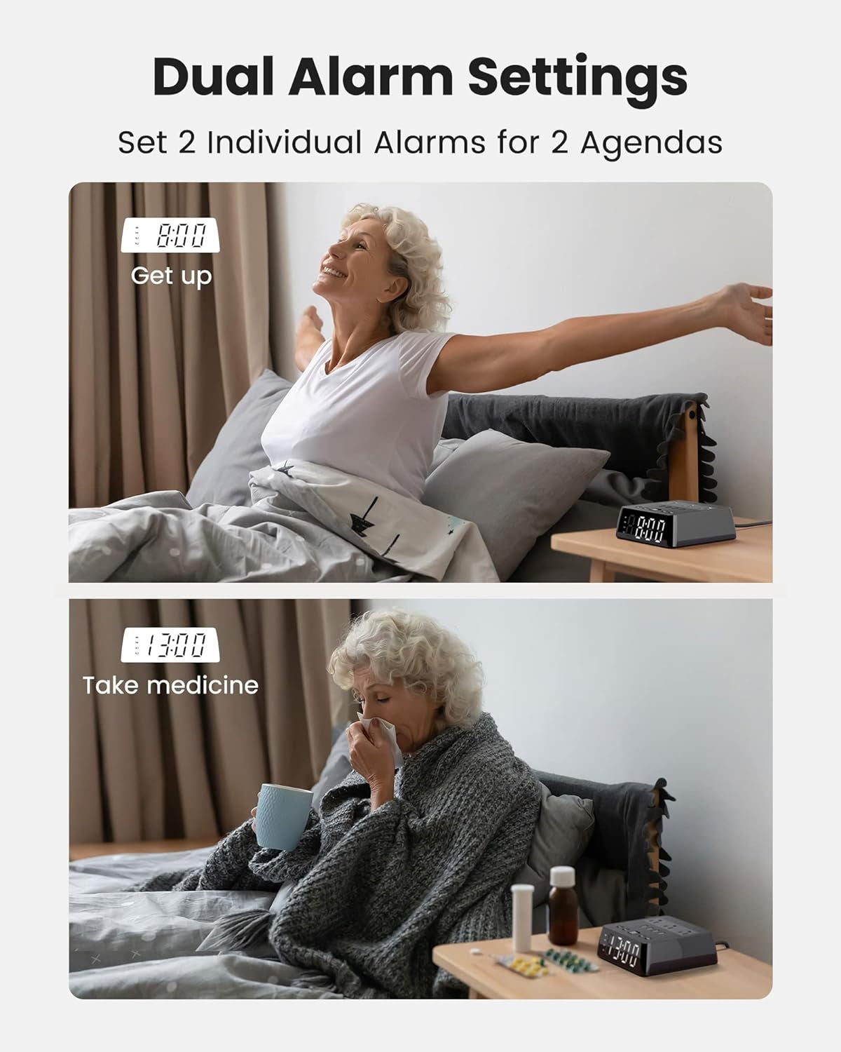 Alarm Clock with 4 USB Chargers Power Strip 3 Outlets 1700J Surge Protector Nightstand Dimmable Digital Clock with Dual Alarm and Snooze Function for Bedroom, Full Screen LED Display