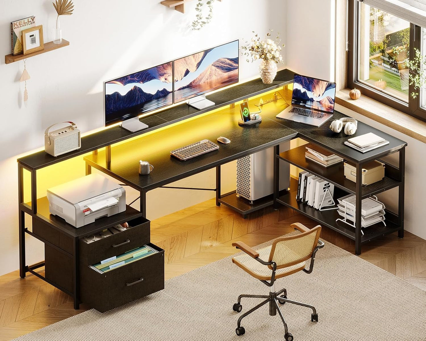 L Shaped Desk with File Drawer, 75" Reversible L Shaped Computer Desk with Power Outlet & LED Strip, Office Desk with Storage Shelves, Gaming Desk with Monitor Shelf, Corner Desk, Black