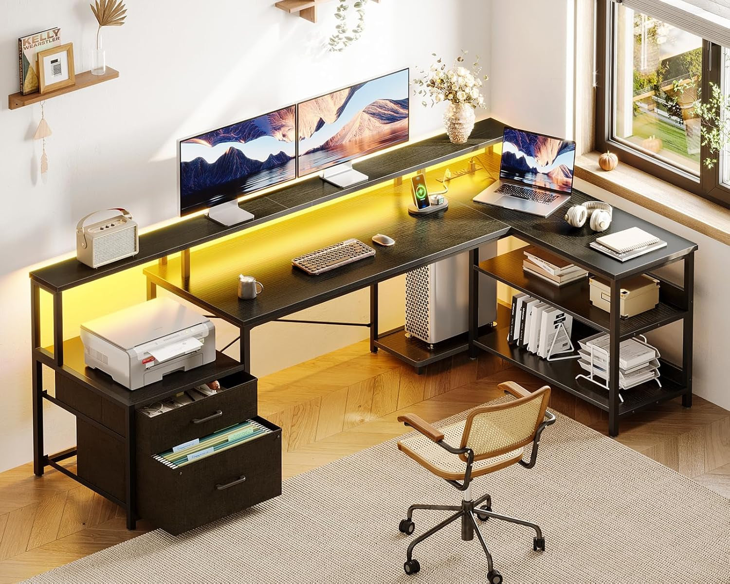 L Shaped Desk with File Drawer, 75" Reversible L Shaped Computer Desk with Power Outlet & LED Strip, Office Desk with Storage Shelves, Gaming Desk with Monitor Shelf, Corner Desk, Black