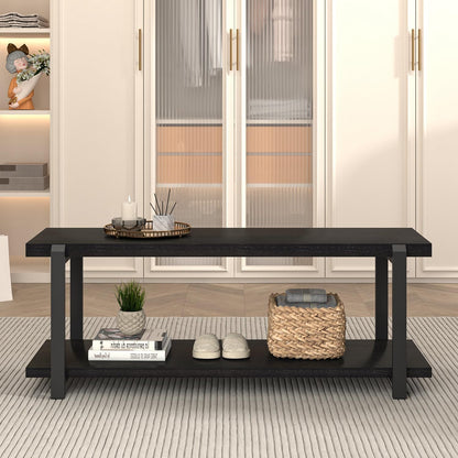 Entryway Bench, Modern Wood and Metal Storage Bench for Hallway, Industrial Indoor Shoe Rack Bench Seat for Living Room Bedroom, Black Oak 47 Inch Long