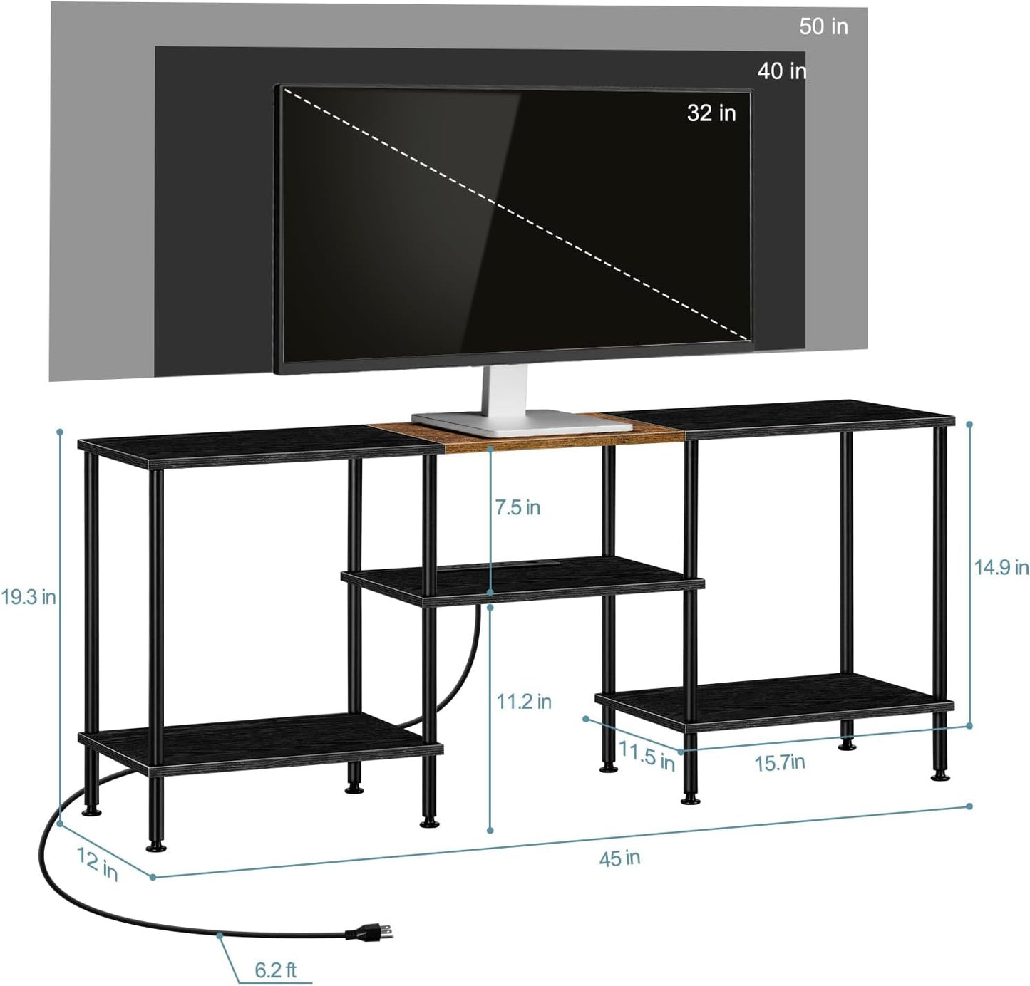 TV Stands for Living Room 50 Inch TV Stand with Power Outlet Entertainment Center with Storage 3 Tier TV Console Table for 50 43 40 32 Inch TV, Black