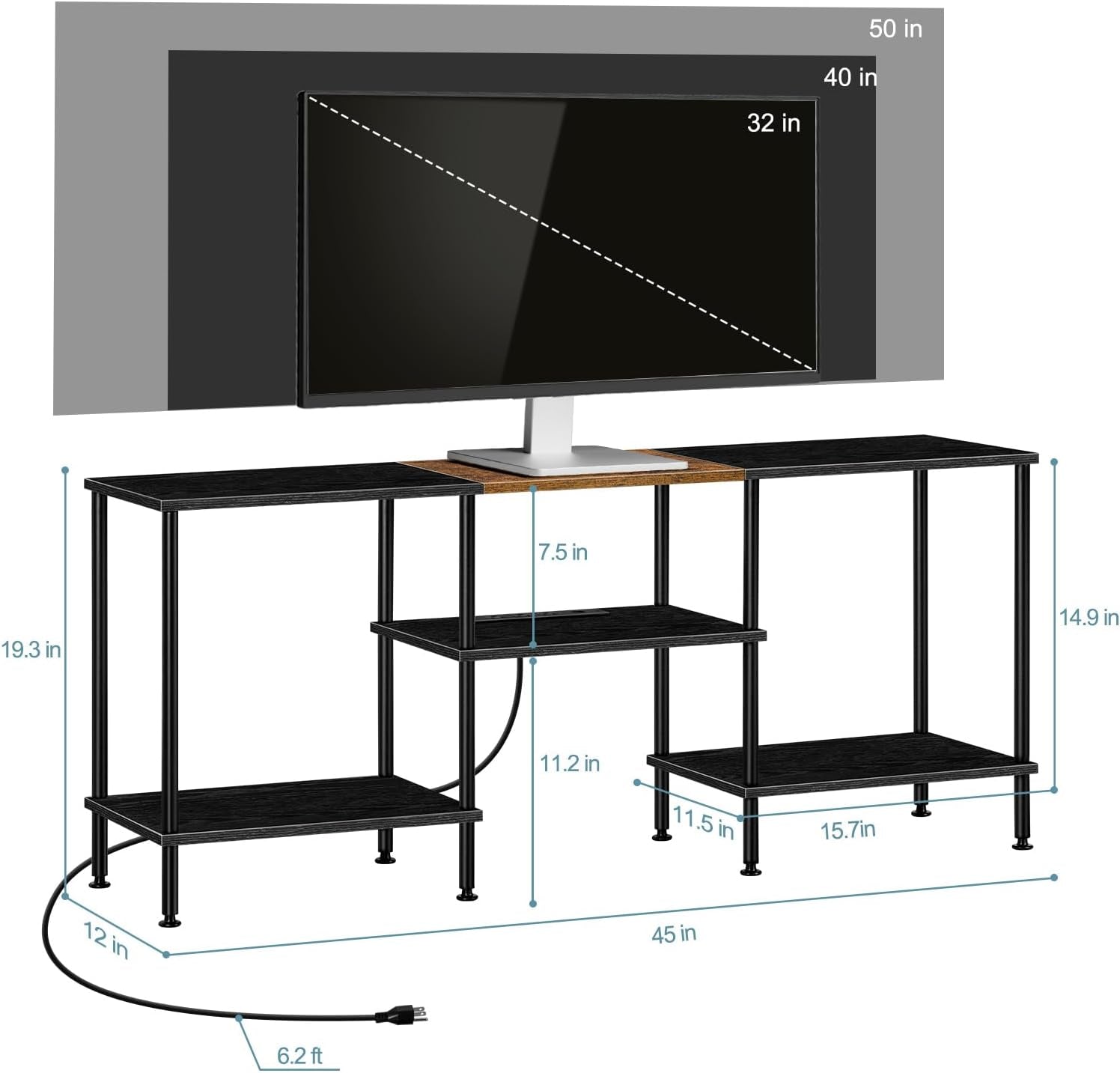 TV Stands for Living Room 50 Inch TV Stand with Power Outlet Entertainment Center with Storage 3 Tier TV Console Table for 50 43 40 32 Inch TV, Black