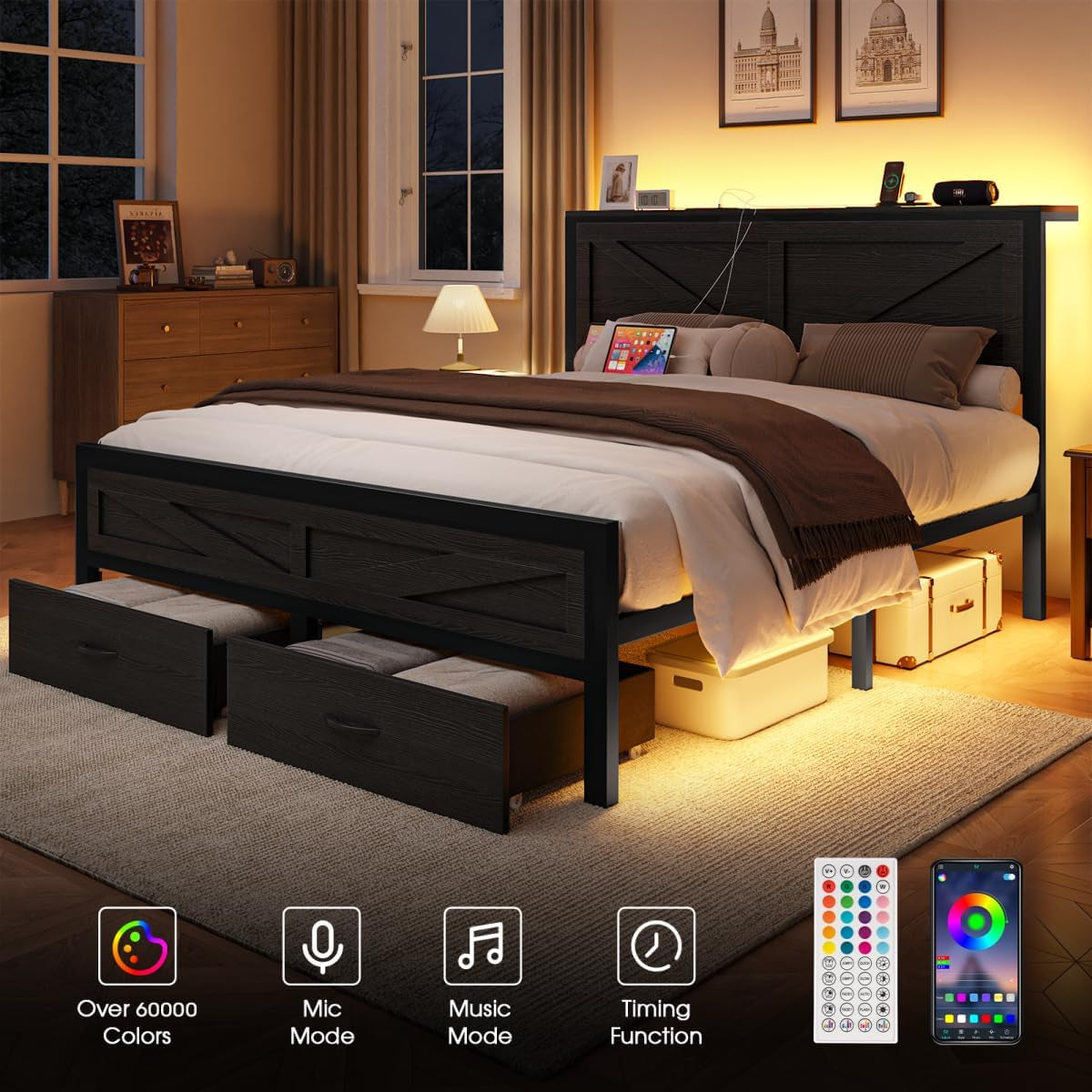 Rustic King Size Bed Frame with Storage Drawers and Barn Door Headboard, Farmhouse LED King Bed Frame with Charging Station, Metal Industrial Platform Bed Frames, No Box Spring Needed, Black