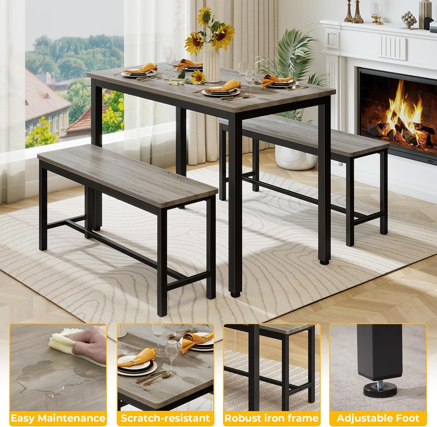 Sturdy Durable Dining Table Set for 4 with Bench, Easy to Assemble Kitchen Table with Bench, Space-Saving Ideal 4-Person Set,Grey
