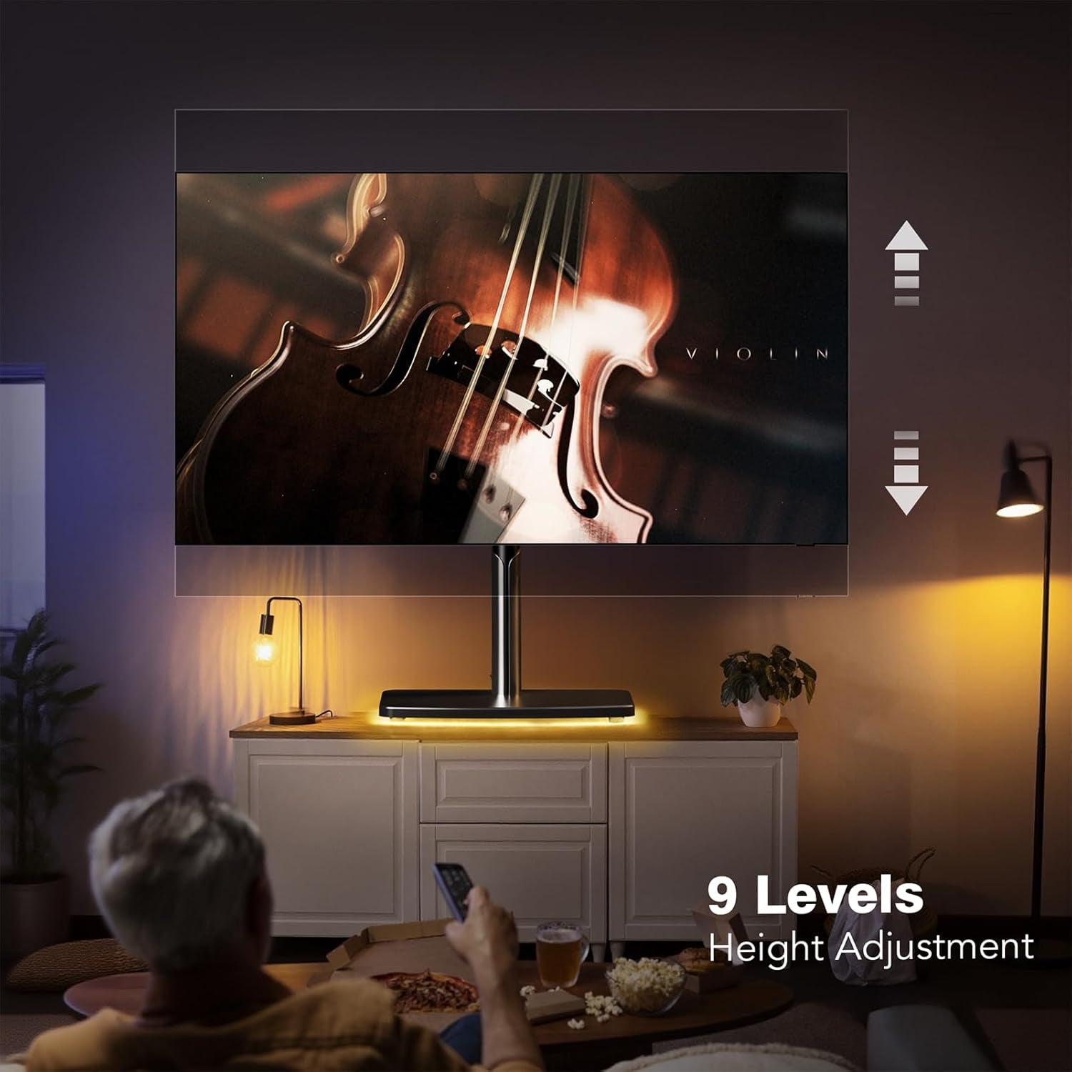 Universal TV Stand Tabletop TV Mount with Power Outlet for 50-90 Inch OLED LED Monitors, 9 Levels Height Adjustment, Ambient Lighting on the Bottom Holds up to 150Lbs, Black 600X400Mm