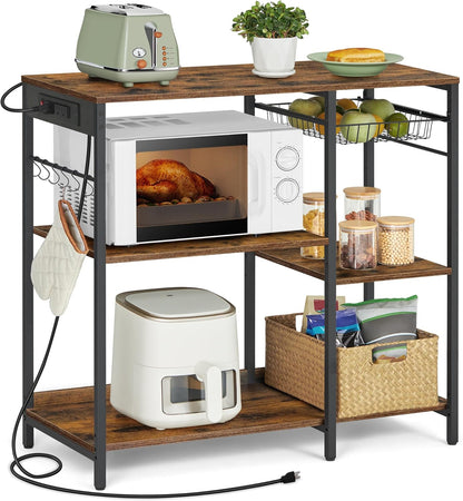 Baker'S Rack, Coffee Bar Stand with Charging Station, 35.6 Inches Tall, Storage Shelves, Pull-Out Wire Basket, Table for Microwave, Kitchen, Rustic Brown and Ink Black UKKS036K01