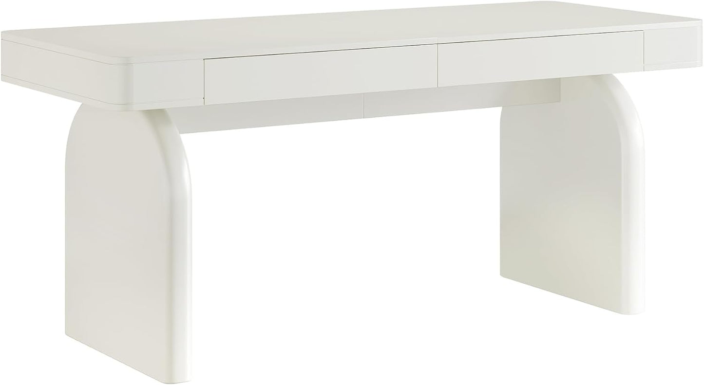 White Desk with Drawers, 63-Inch Modern Executive Office Desk, Glossy Elegant Work Study Desk Writing Table for Home Office, Cream White