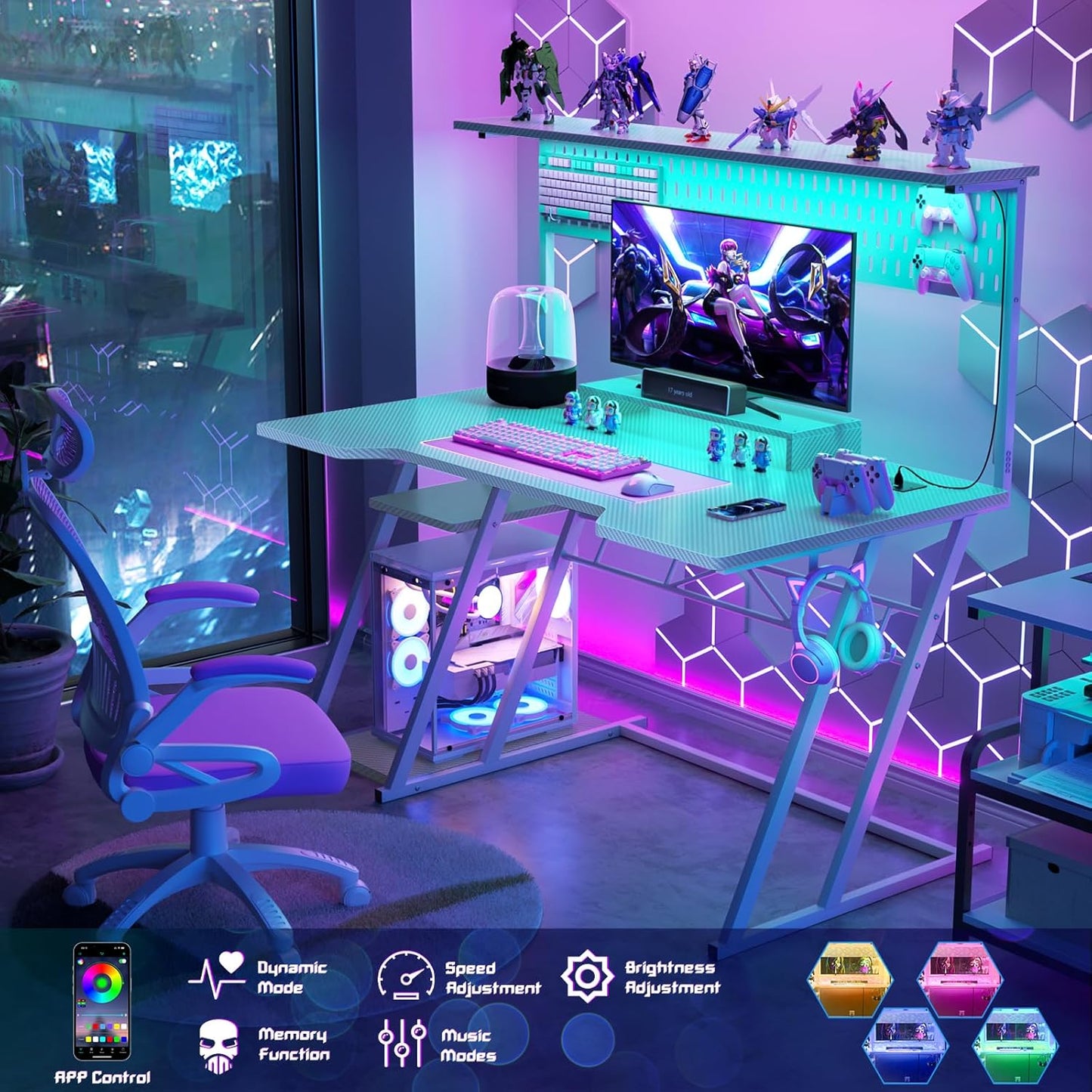 Gaming Computer Desk with Power Outlets, Gaming Desk with Hutch and LED Lights, Reversible PC Gaming Desk with Pegboard, Carbon Fiber White, 47"