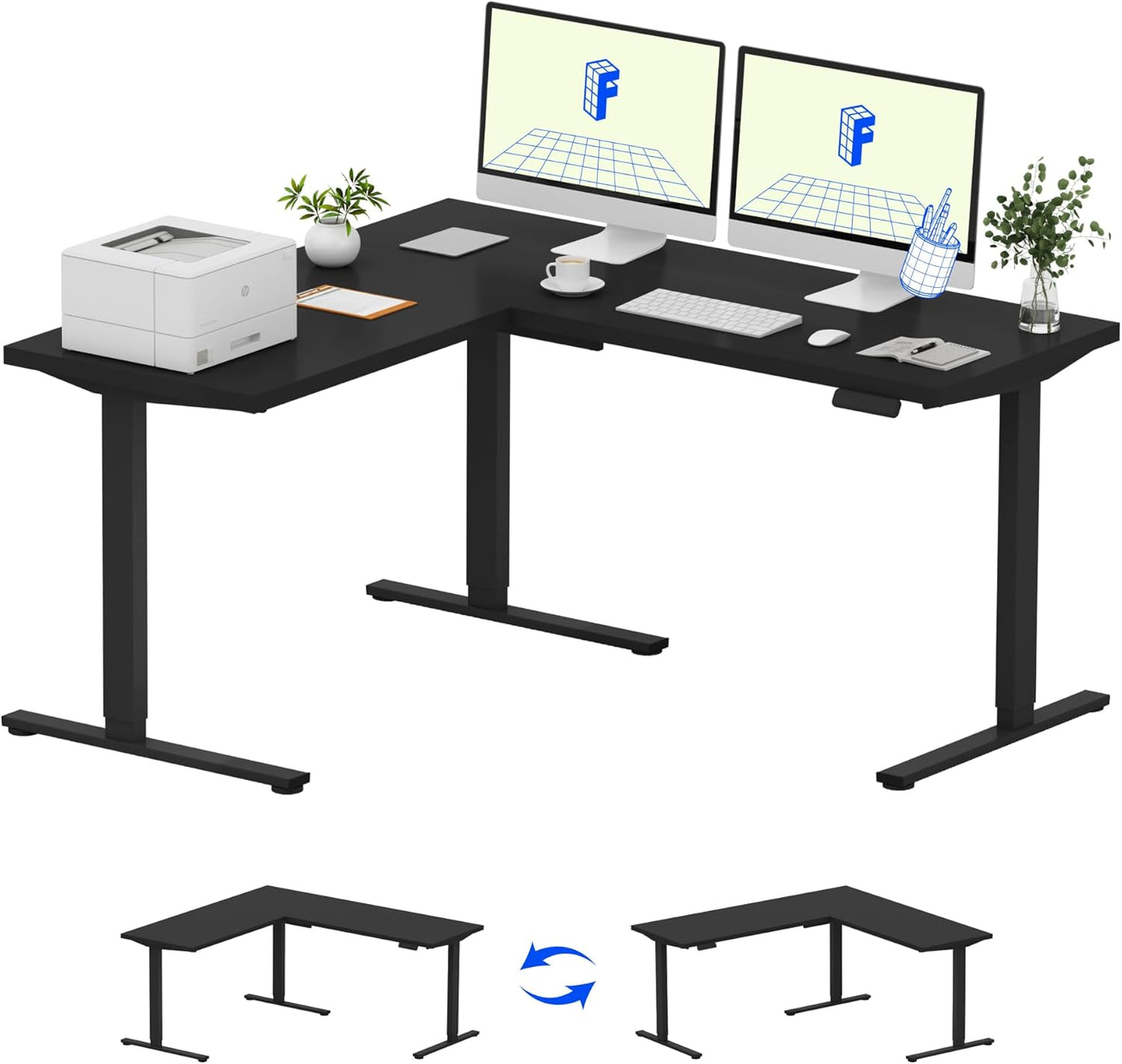 L Shaped Standing Desk, 63 X 55 Inch Electric Height Adjustable Corner Desk, Sit Stand Computer Workstation, Preset Controller, Home Office, Black Frame with Black Top