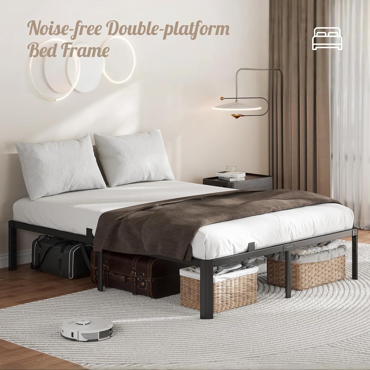 Metal Bed Frame Full Size, 14 Inch 3500 Lbs Heavy Duty Platform Bed Frames Steel Slats Noise Free No Box Spring Needed, Easy Assemble Sturdy Bedframe Rounded Corner with Storage and Mattress Retainers