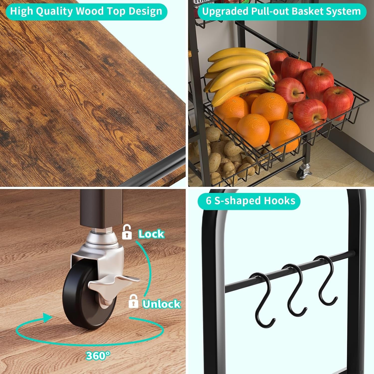 Rolling Kitchen Microwave Cart - 4 Tier Microwave Table Stand with Pull-Out Baskets, Coffee Bar Baker'S Rack with Wheels Rolling Storage Cart Organizer Shelf for Living Room Office, Balcony