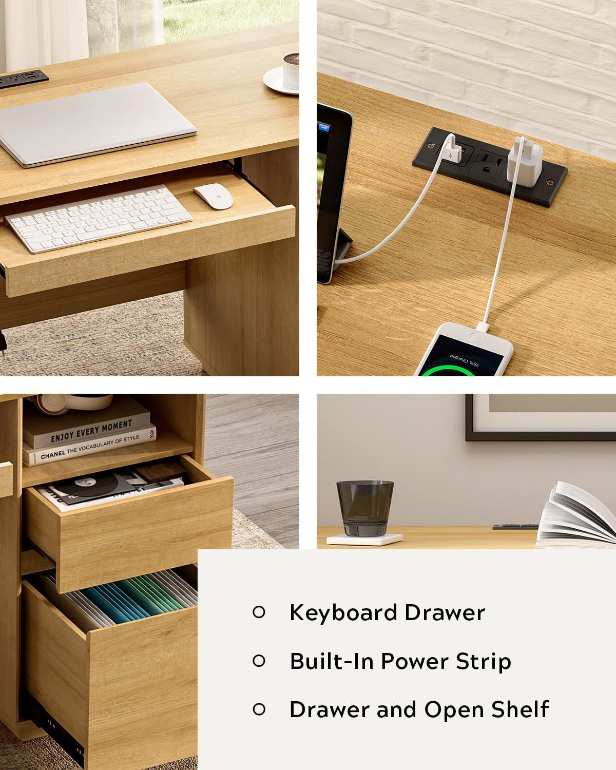 47" Executive Desk with File Drawer, Farmhouse Computer Desk with Charging Station and Open Storage Compartment Wooden Home Office Desk for Writing Study Working, Natural Oak