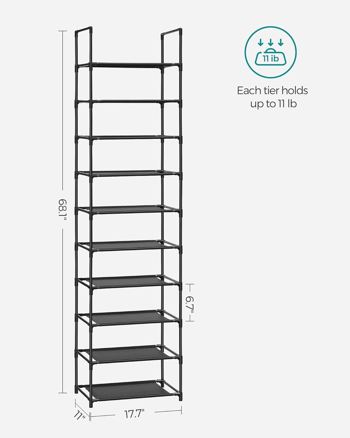 Shoe Rack, 10 Tier Shoe Shelf, Shoe Storage Organizer, Space-Saving, 11 X 17.7 X 68.1 Inches, Metal Frame, Non-Woven Fabric Shelves, for Entryway, Bedroom, Black ULSH010B02