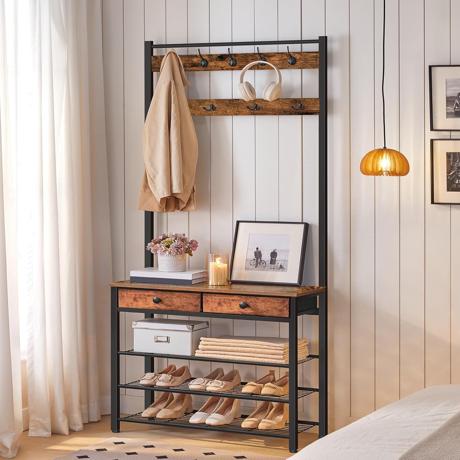 Hall Tree, Entryway Coat and Shoe Rack, 2 Fabric Drawers, Hall Tree with Bench, Shoe and Coat Rack, Coat Rack with Shoe Storage, 4 Tier Shoe Organizer, 9 Hooks, Rustic Brown and Black BF81MT01