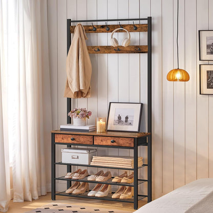 Hall Tree, Entryway Coat and Shoe Rack, 2 Fabric Drawers, Hall Tree with Bench, Shoe and Coat Rack, Coat Rack with Shoe Storage, 4 Tier Shoe Organizer, 9 Hooks, Rustic Brown and Black BF81MT01