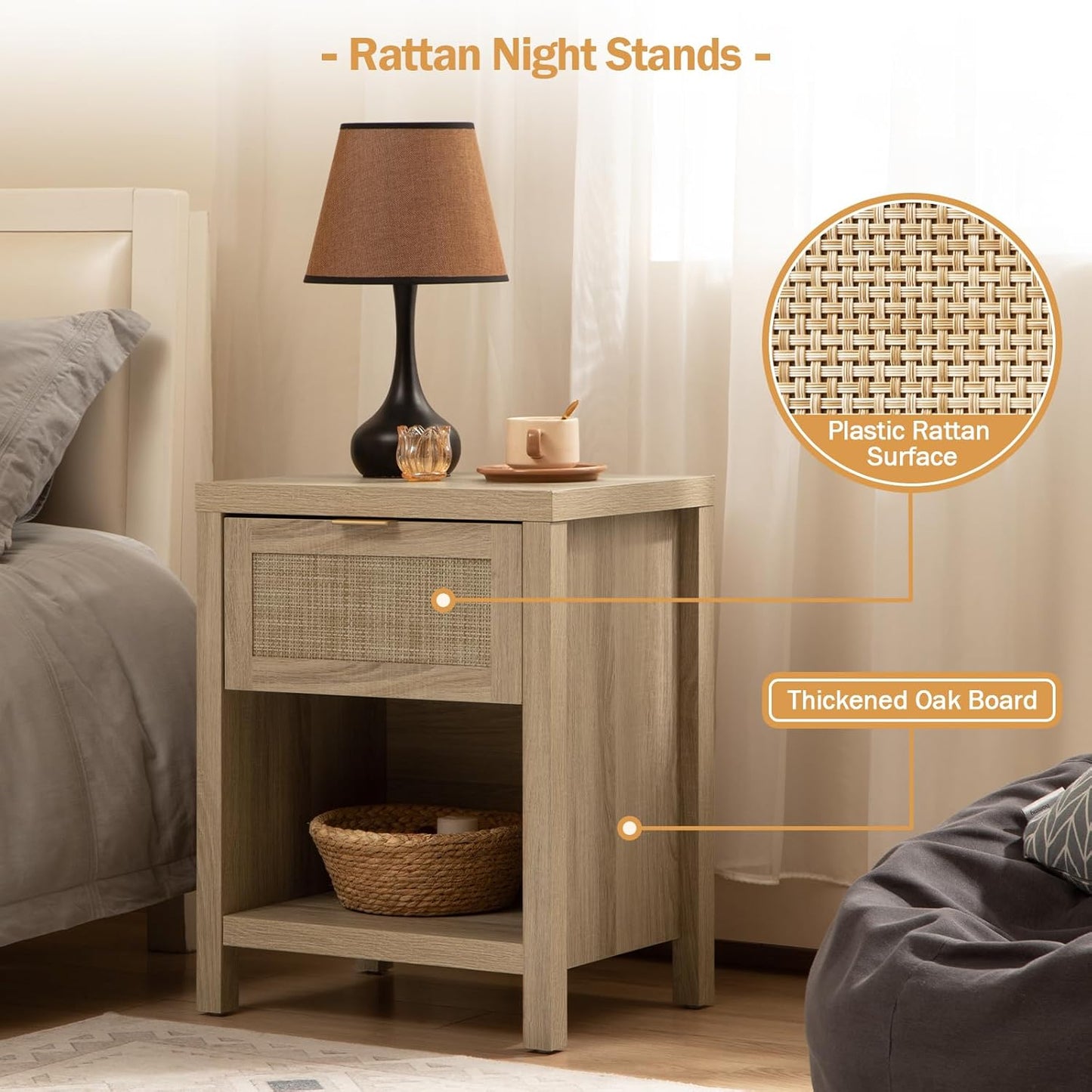 Rattan Nightstands Set of 2, Farmhouse Night Stand Bedside Table with Drawer and Storage Shelf - Boho End Side Table for Bedroom, Light Oak