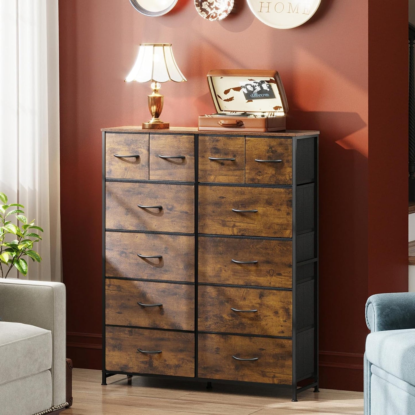 Tall Dresser for Bedroom with 12 Drawers, Dressers & Chests of Drawers, Fabric Dressers for Closet, Storage Dresser Organizer with Steel Frame, Wood Top, Rustic Brown Wood Grain Print