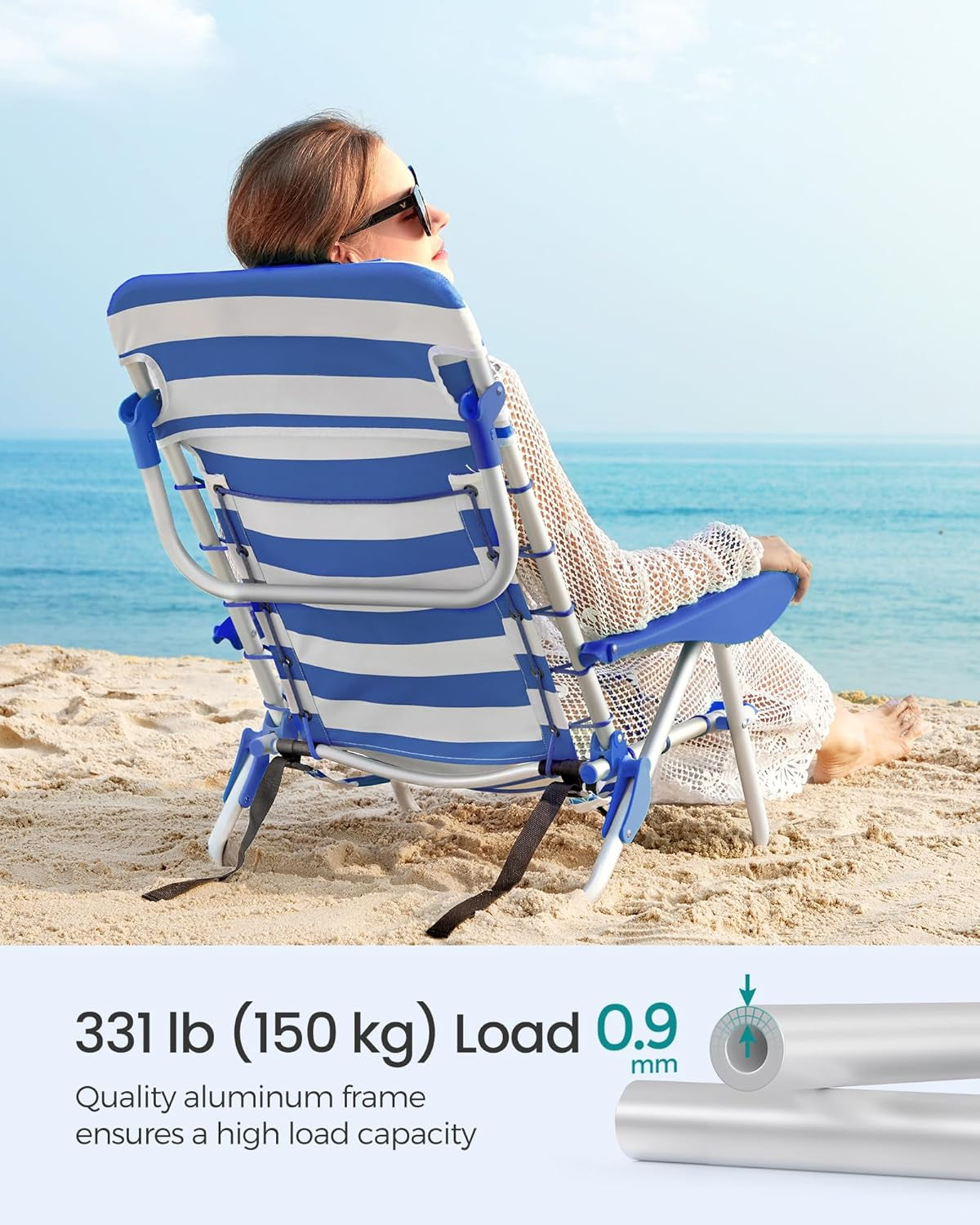 Portable Backpack Beach Chair, 331 Lb Capacity, 4 Angles Adjustable Backrest, 2 Side Pockets, Towel Bar, Blue and White UGCB62BU