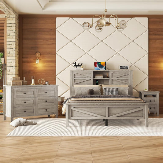 Farmhouse 3-Pieces Bedroom Sets, Queen Size Platform Bed with a Nightstand and 6-Drawer Storage, Wood Platform Bed with Double Sliding Door Storage Headboard and Charging Station (Antique Gray-3)
