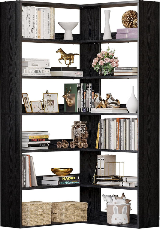 Bookshelves 6 Tiers with Baffles Industrial Large Corner Etagere Bookcase Storage Display Rack for Living Room Home Office