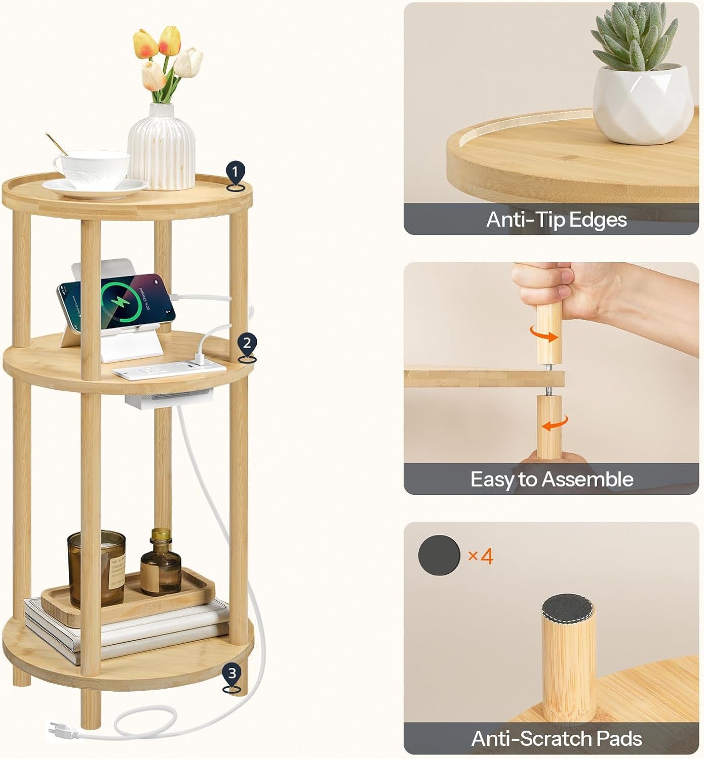 Small round Side Table with Charging Station, 3-Tier round Bamboo End Table, Compact Sofa Bedside Table for Small Space, Easy Assembly, for Living Room, Bedroom, Apartment, Natural YL152UBZ01