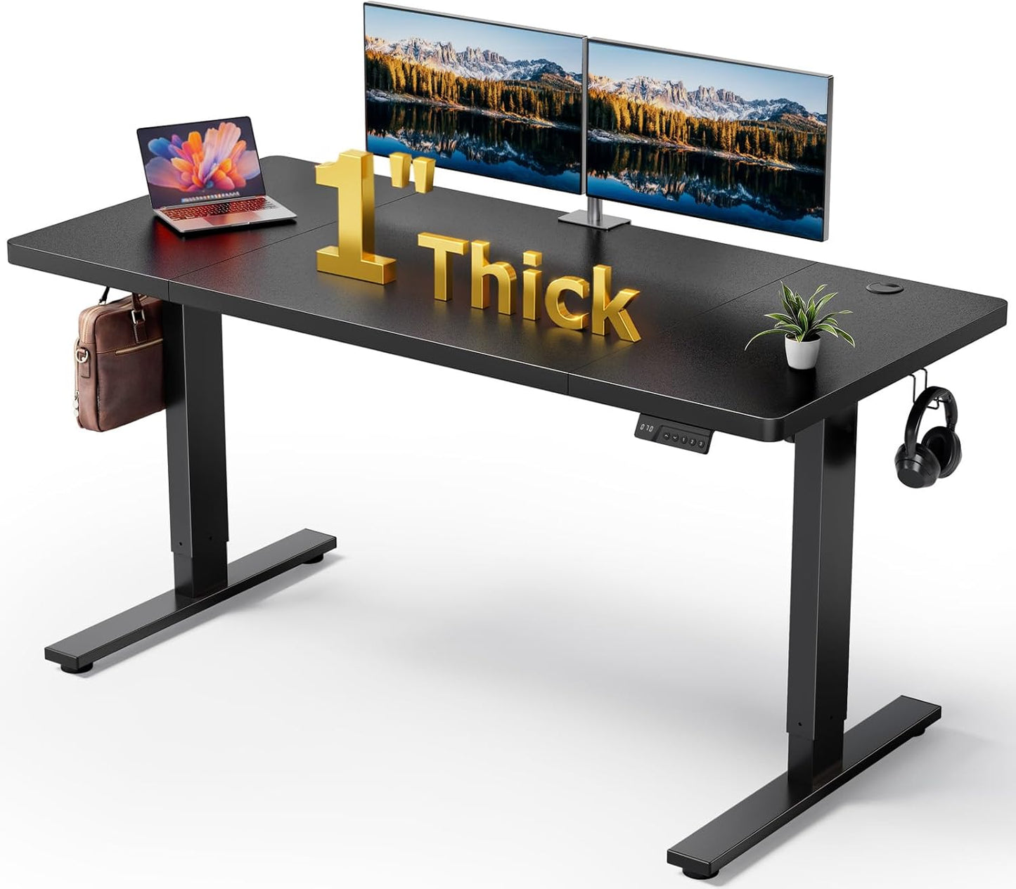Electric Standing Desk Adjustable - 60X28 Inch Sit Stand Desk with 1 Inch Thick Tabletop, Double Beam Frame, 3 Memory Height Adjustment, Cable Management for Home Office