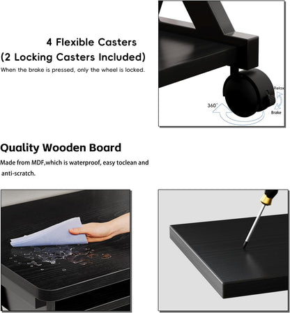 Computer Desk for Small Spaces,23.6" Z-Shaped Compact Study Table with Smooth Keyboard Tray,With Wheels and Bottom Shelves for Home Office，Computer Cart Mobile Laptop Cart