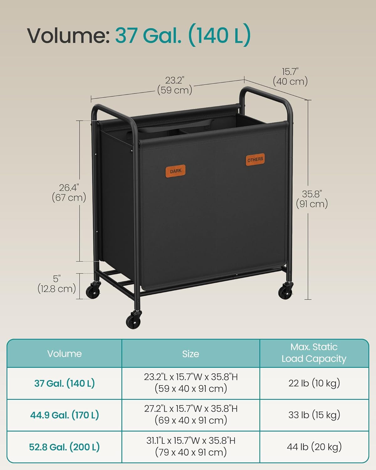 2-Section Laundry Sorter, Laundry Hamper with Wheels, Rolling Clothes Hamper Cart with Large Capacity and Removable Bags, for Laundry Room, Bedroom, Bathroom, Ink Black URLS210B01