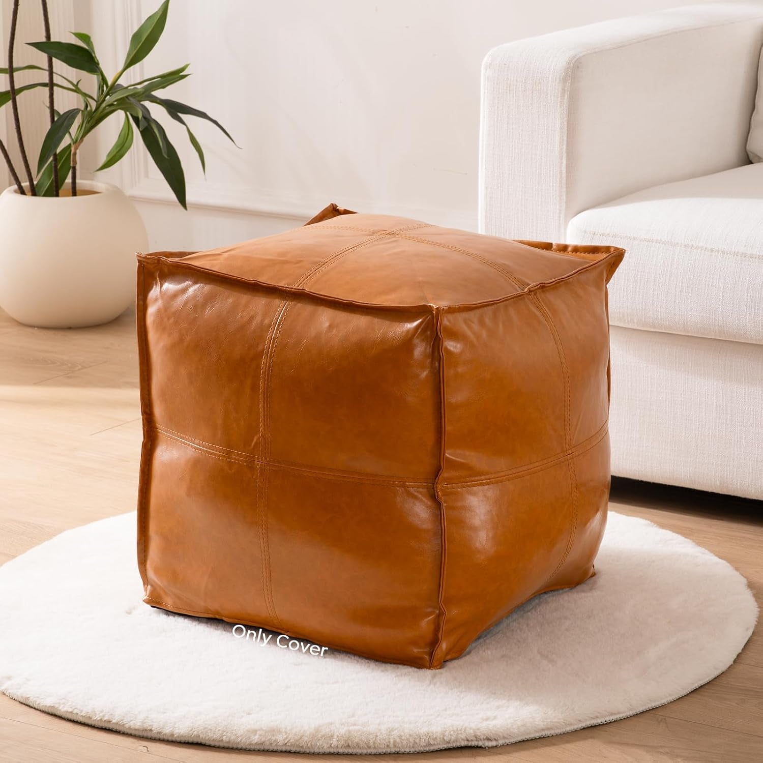 Unstuffed Pouf Ottoman Cover (Only Cover No Filler), 17.7X17.7 Inch Faux Leather Moroccan Poofy Ottomans Cover, Footrest Square White Footstool with Storage Waterproof Easy Cleaning for Living Room