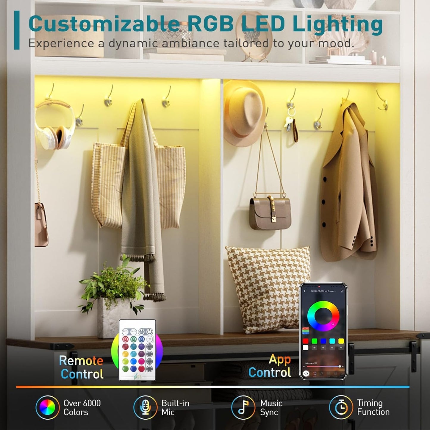 58" Farmhouse Hall Tree with Bench and Shoe Storage, 5-In-1 Entryway Bench with Coat Rack, 9 Shoe Cubbies & 12 Hooks, Led Lights and Adjustable Shelves & Barn Doors, Entryway Storage, White and Walnut