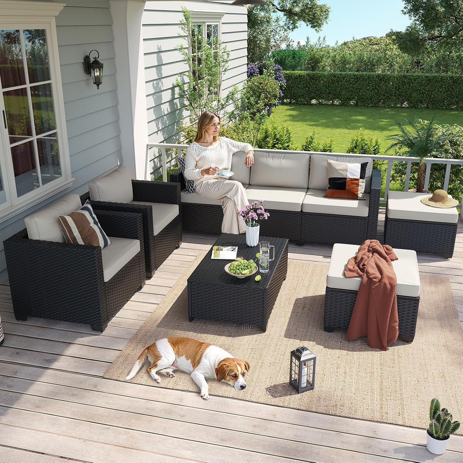 8 Piece Outdoor Patio Furniture Set 7 Seats, Outdoor Sectional with Thick Waterproof Cushions, Patio Conversation Sets for Garden,Backyard, Porch, Balcony, Deck, Black & Beige