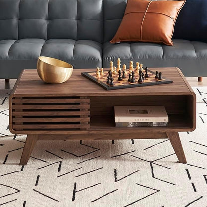 Ensley Coffee Table, Mid Century Modern Table with Storage, Farmhouse Wood Coffee Table for Living Room Fluted (Walnut)