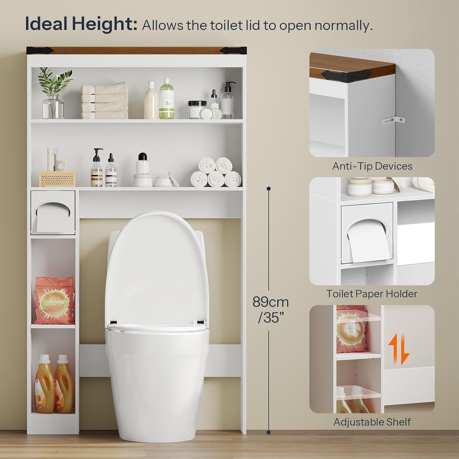 Over-The-Toilet Storage Rack, 3-Tier Freestanding Bathroom Shelves, Wooden Bathroom Organizer with Toilet Paper Holder, Farmhouse Space Saver, Laundry Room, White and Walnut WH20TS01