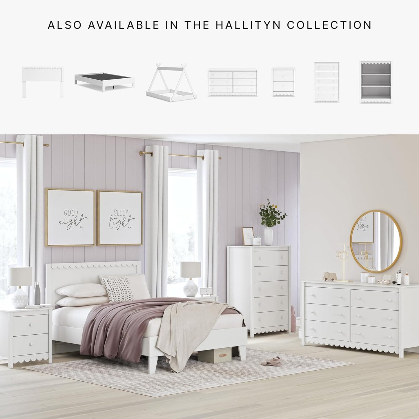 Signature Design by Ashley Hallityn Coastal Panel Headboard, Wood, Scallop Detail, Full, Headboard Attaches to Your Bed Frame (Not Included), Matte White Finish, (Headboard Only)