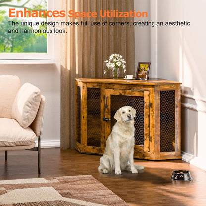Corner Dog Crate Furniture, 52" Wooden Dog Kennel Furniture End Table with Mesh, Dog Kennel Indoor Furniture for Small Medium Large Dogs, Modern Decorative Wood Pet House Dog Cage Crate, White