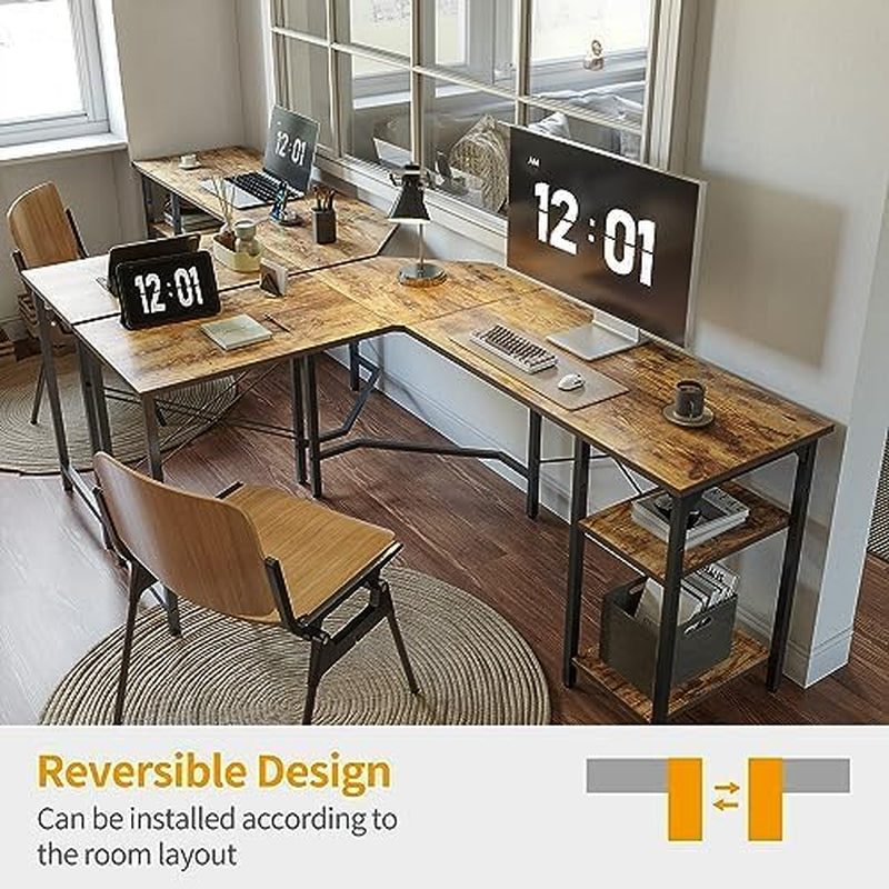 L Shaped Desk, 59.1 Inch Reversible Corner Desk with Storage Shelves, Home Office Desk for Writing Gaming Study, Rustic Brown
