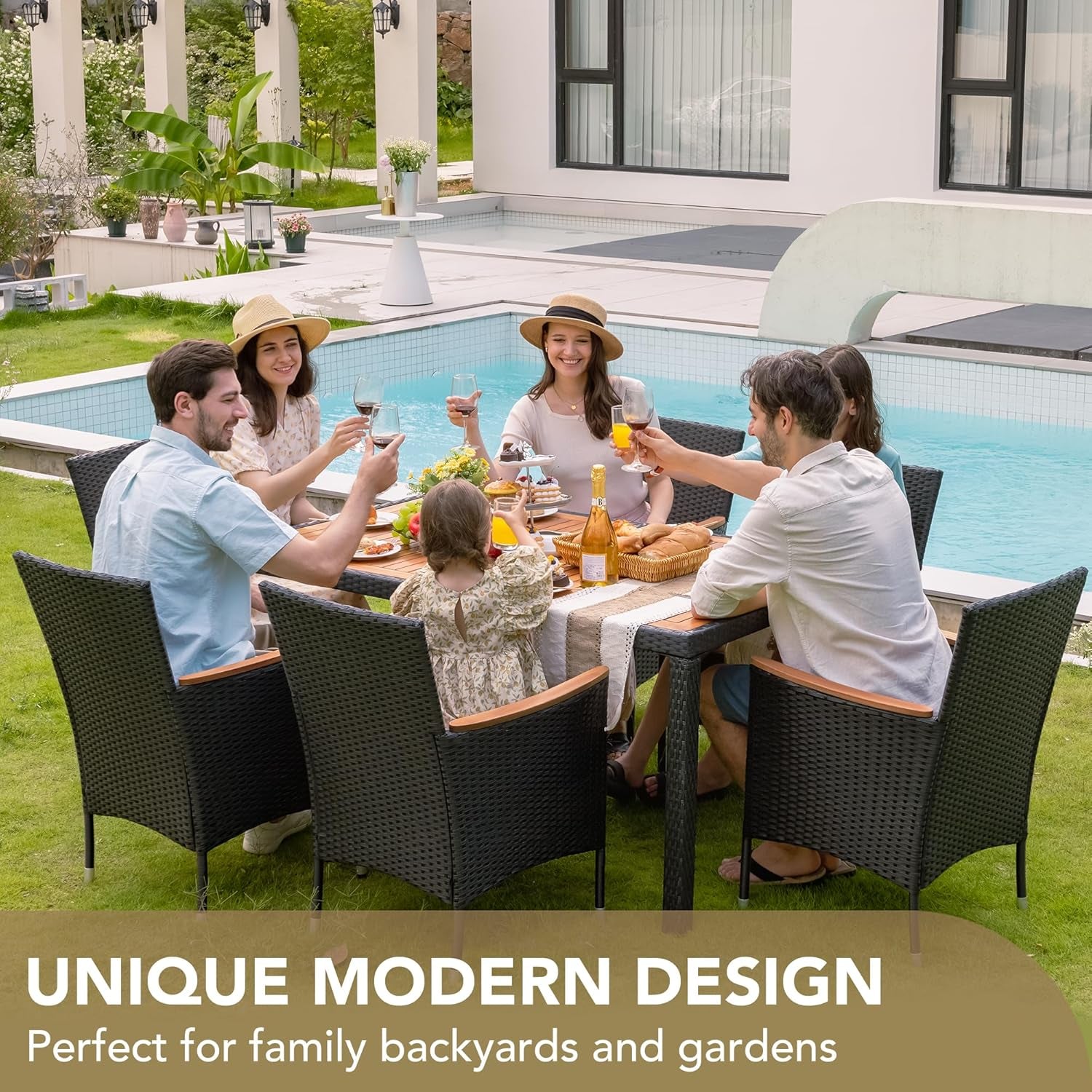 Dining 7 PCS Furniture, Patio Conversation Set with Acacia Wood Table Top, Outdoor, Beige Cushion and Black Rattan