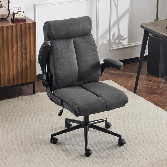 Rolling Ergonomic Office Desk Chair with Padded Flip-Up Arms, 360° Swivel High Back Executive Computer Task Chair with Wheels for Game，Home Small Space, Study Room, Reading Room, Linen Black