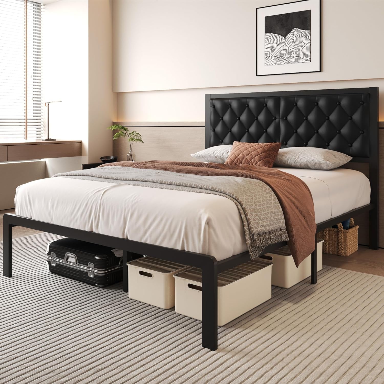 Queen Bed Frame with Headboard PU Leather Upholstered Bed Frame Platform,All Metal Slats Support Platform Bed Frame with Storage Space,Easy Assembly,Noise Free,No Box Spring Needed,Black
