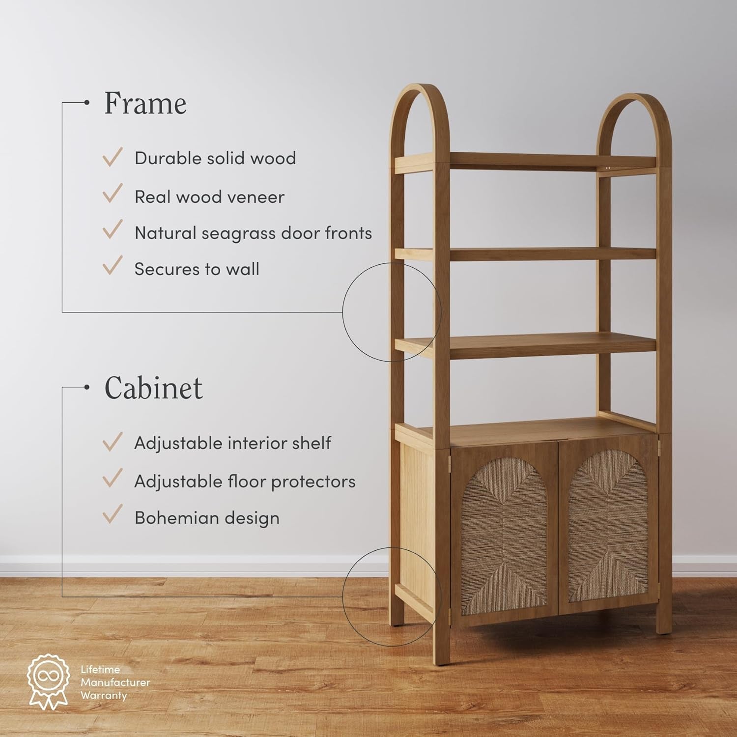 Leah Arched Bookcase, 3-Tier Bookshelf with Storage Cabinet Base, Seagrass Door Fronts and Solid Wood Frame, Light Brown